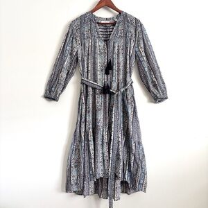 Doen Normandy Blue Mandevilla Vine Floral Paisley Print Dress w Tassels Sz Small